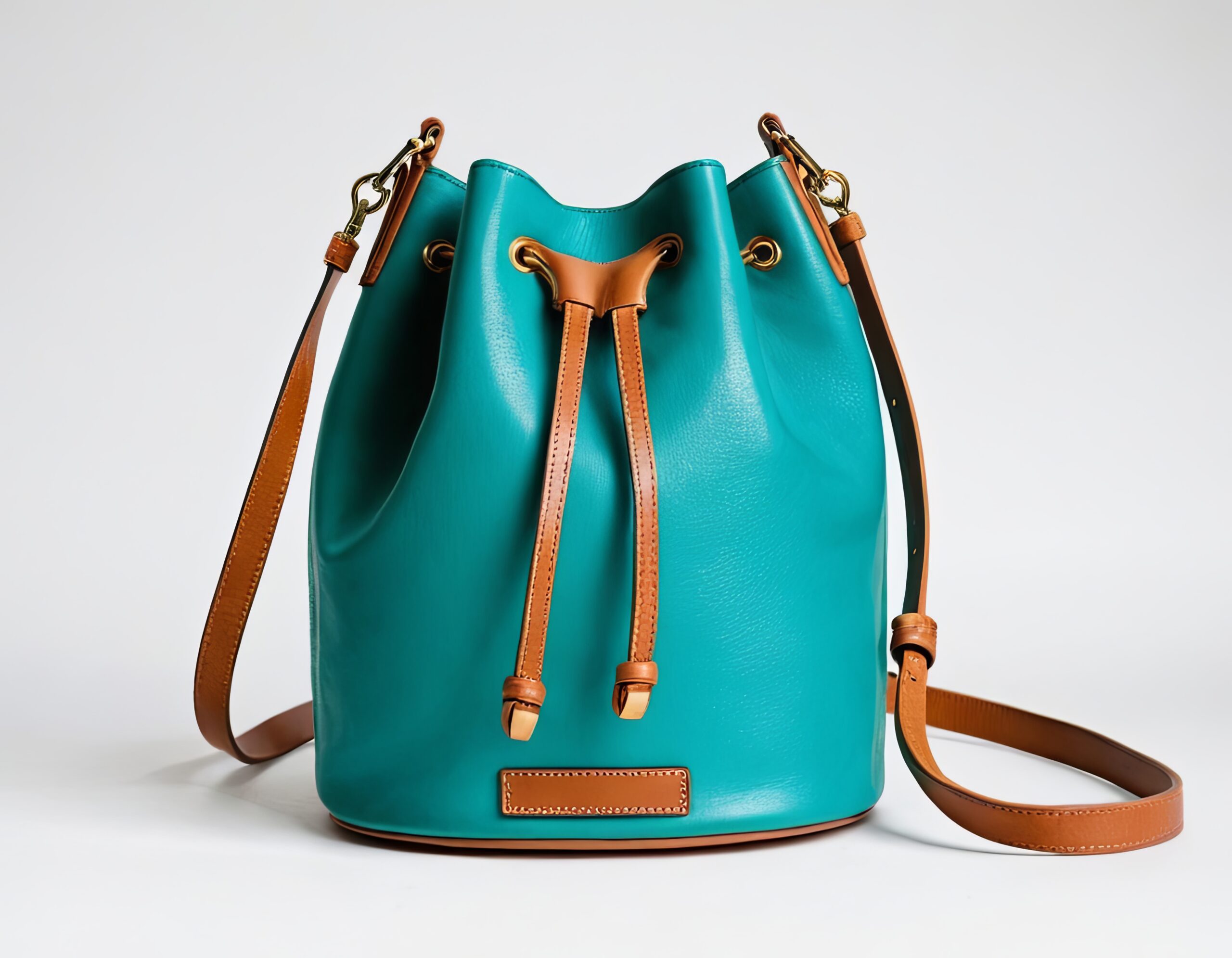 Stylish turquoise bucket bag with tan leather accents and adjustable strap.
